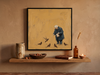 Old Man Feeding Pigeons Wall Art — Original Palette-Knife Oil, Ochre & Teal — original hand-painted oil shown on the wall in a styled room