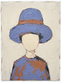 Oil painting of a woman in a periwinkle wide-brim hat with a pale blank face and a terracotta-rust top, on a cream ground.