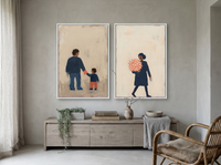 Father & Child with Woman & Bouquet — Set of 2 Original Oils, Indigo & Coral — original hand-painted oil shown on the wall in a styled room