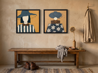 Hatted Woman, Front and Back — Set of 2 Original Oils, Slate Blue & Ochre — original hand-painted oil shown on the wall in a styled room