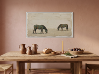 Two Grazing Horses Wide Wall Art — Original Palette-Knife Oil, Sage Green & Terracotta — original hand-painted oil shown on the wall in a styled room