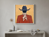 Cowboy from Behind Wall Art — Original Palette-Knife Oil, Navy & Rust — original hand-painted oil shown on the wall in a styled room