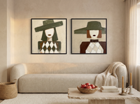 Red-Lipped Woman in a Wide Hat — Set of 2 Original Oils, Olive & Sienna — original hand-painted oil shown on the wall in a styled room