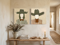 Cowgirl and Cowboy — Set of 2 Original Oils, Olive & Sienna — original hand-painted oil shown on the wall in a styled room