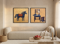Horse & Cowboy Gear — Set of 2 Original Oils, Navy & Vermilion — original hand-painted oil shown on the wall in a styled room
