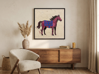 Standing Horse Wall Art — Original Palette-Knife Oil, Magenta & Cobalt — original hand-painted oil shown on the wall in a styled room