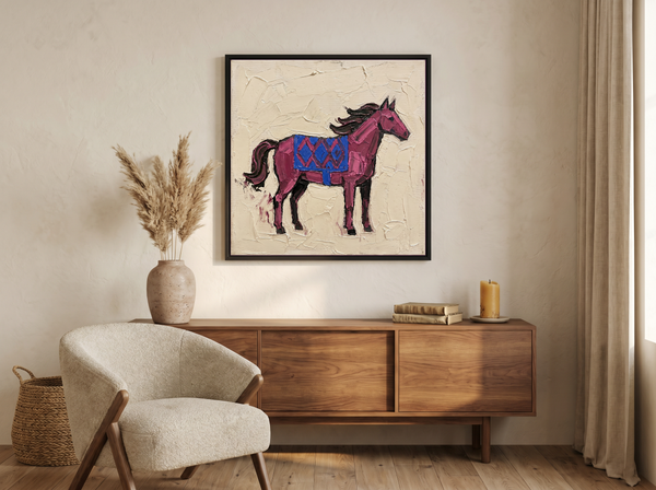 Standing Horse Wall Art — Original Palette-Knife Oil, Magenta & Cobalt