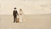Original wide oil painting of a groom in a dark brown suit and black hat, a bride in a cream gown with a veil, and a rust-brown dog, on a warm cream field