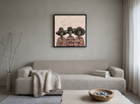 Three Women in Hats Wall Art — Original Palette-Knife Oil, Mauve & Charcoal — original hand-painted oil shown on the wall in a styled room