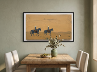 Two Riders on Ochre Wide Canvas — Original Palette-Knife Oil, Golden Ochre & Slate Blue — original hand-painted oil shown on the wall in a styled room