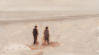 Original wide oil painting of two coated figures standing on a misty mauve-taupe beach with footprints trailing and a soft hazy horizon