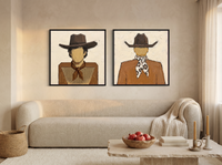 Cowboy Pair, Gingham & Floral — Set of 2 Original Oils, Caramel & Chocolate — original hand-painted oil shown on the wall in a styled room