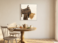 Western Saddle Still Life Wall Art — Original Palette-Knife Oil, Brown & Tan — original hand-painted oil shown on the wall in a styled room