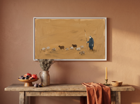 Shepherd and Flock Wide Wall Art — Original Oil Landscape, Golden Ochre & Navy — original hand-painted oil shown on the wall in a styled room
