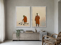 Pigeon-Feeder & Shepherd — Set of 2 Original Oils, Rust & Olive — original hand-painted oil shown on the wall in a styled room