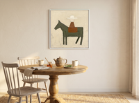 Rider on Horseback Wall Art — Original Palette-Knife Oil, Olive & Rust — original hand-painted oil shown on the wall in a styled room
