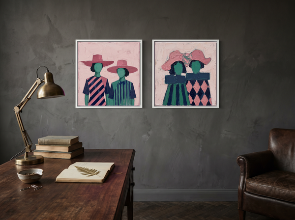 Women in Wide-Brim Hats — Set of 2 Original Oils, Rose & Emerald