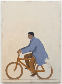 Oil painting of a man in a periwinkle coat and caramel trousers walking left, a small dachshund behind, on a pale oat ground.