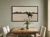 Lone Rider and Mountain Ridge Wide Wall Art — Original Palette-Knife Oil, Dark Olive & Oxblood — original hand-painted oil shown on the wall in a styled room