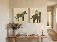 Standing Horse & Mounted Cowboy — Set of 2 Original Oils, Olive & Rust — original hand-painted oil shown on the wall in a styled room