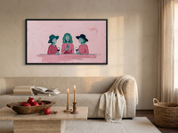 Three Women with Wine Wide Wall Art — Original Palette-Knife Oil, Pink & Emerald — original hand-painted oil shown on the wall in a styled room