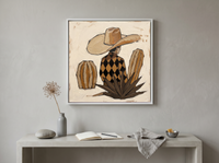 Cowboy in a Cactus Field Wall Art — Original Palette-Knife Oil, Chocolate & Tan — original hand-painted oil shown on the wall in a styled room