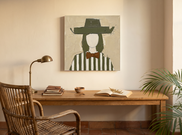 Lady in an Angular Olive Hat Wall Art — Original Palette-Knife Oil, Olive & Rust