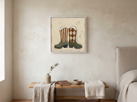 Cowboy Boots Wall Art — Original Palette-Knife Oil, Olive & Rust — original hand-painted oil shown on the wall in a styled room