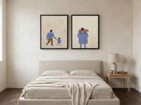 Father & Child with Shepherd — Set of 2 Original Oils, Periwinkle & Caramel — original hand-painted oil shown on the wall in a styled room