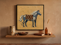 Standing Horse Wall Art — Original Palette-Knife Oil, Slate Blue & Ochre — original hand-painted oil shown on the wall in a styled room
