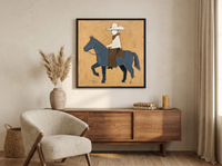 Cowboy on Horseback Wall Art — Original Palette-Knife Oil, Slate & Ochre — original hand-painted oil shown on the wall in a styled room