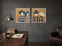 Cowboy & Cowgirl, Front & Back — Set of 2 Original Oils, Teal & Ochre — original hand-painted oil shown on the wall in a styled room