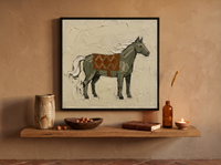Standing Horse Wall Art — Original Palette-Knife Oil, Olive & Rust — original hand-painted oil shown on the wall in a styled room