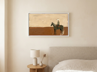 Cowboy on Horseback Wide Wall Art — Original Palette-Knife Oil, Olive & Burnt Sienna — original hand-painted oil shown on the wall in a styled room