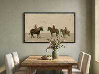 Three Children on Ponies Wide Wall Art — Original Palette-Knife Oil, Olive & Grey — original hand-painted oil shown on the wall in a styled room