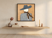 Cowgirl from Behind Wall Art — Original Palette-Knife Oil, Slate Blue & Ochre — original hand-painted oil shown on the wall in a styled room