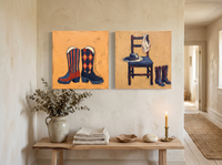 Cowboy Boots & Hat — Set of 2 Original Oils, Navy & Vermilion — original hand-painted oil shown on the wall in a styled room