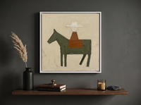 Rider on Horseback Wall Art — Original Palette-Knife Oil, Olive & Rust — original hand-painted oil shown on the wall in a styled room