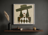 Woman in a Wide Hat Wall Art — Original Palette-Knife Oil, Olive & Cream — original hand-painted oil shown on the wall in a styled room