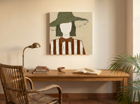Lady in a Floppy Hat Wall Art — Original Palette-Knife Oil, Olive & Cream — original hand-painted oil shown on the wall in a styled room