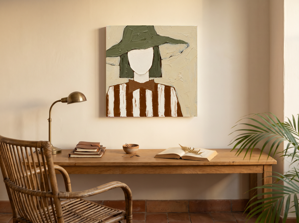 Lady in a Floppy Hat Wall Art — Original Palette-Knife Oil, Olive & Cream