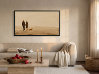 Couple Walking a Dog Wide Wall Art — Original Palette-Knife Oil, Chocolate & Tan — original hand-painted oil shown on the wall in a styled room