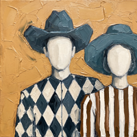 Original oil painting of a faceless cowboy and cowgirl in slate-blue hats, the cowboy in a slate and cream harlequin shirt, the cowgirl in brown and cream stripes, on a golden ochre ground
