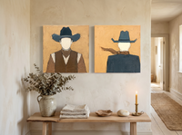 Cowboy Pair, Front & Back — Set of 2 Original Oils, Ochre & Slate Blue — original hand-painted oil shown on the wall in a styled room