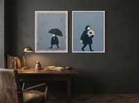 Woman with Umbrella & Woman with Bouquet — Set of 2 Original Oils, Charcoal & Slate — original hand-painted oil shown on the wall in a styled room
