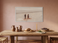 Two Figures on a Misty Beach Wide Wall Art — Original Oil, Mauve & Taupe — original hand-painted oil shown on the wall in a styled room