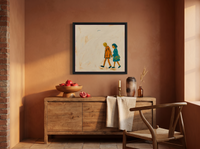 Couple Walking Together Wall Art — Original Pop-Colour Oil, Orange & Teal — original hand-painted oil shown on the wall in a styled room