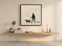 Dog Walker Wall Art — Original Palette-Knife Oil, Olive & Oxblood — original hand-painted oil shown on the wall in a styled room