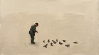 Original wide oil painting of an old man in a dark olive coat feeding slate-grey pigeons across a vast empty cool bone-grey plaza, Lowry-style with generous negative space