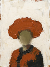 Oil painting of a woman in a burnt-orange wide-brim hat with a featureless olive face and a rust and charcoal top, on a cream ground.
